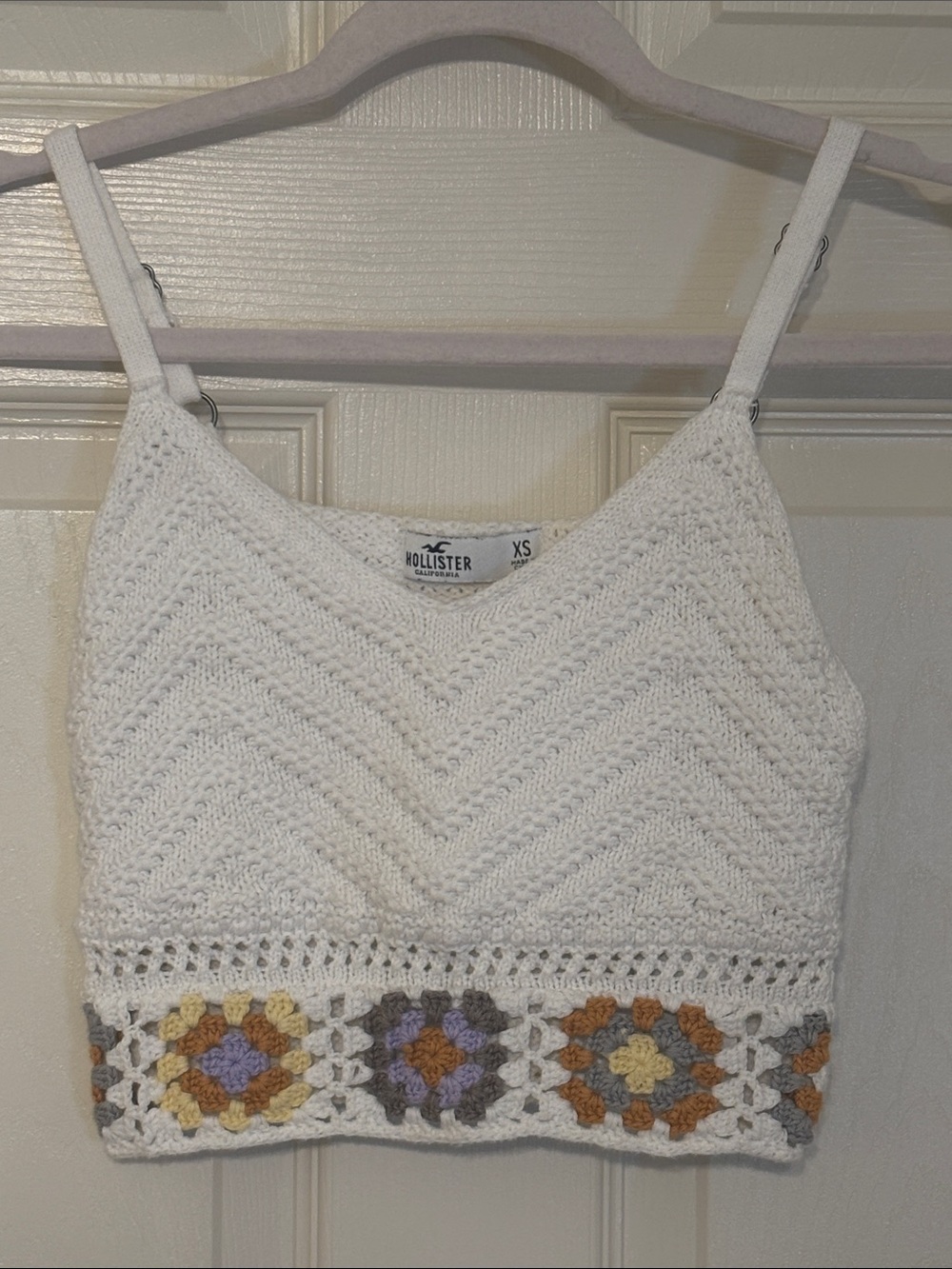 Hollister White Crochet Crop Top with Colorful Granny Square Band